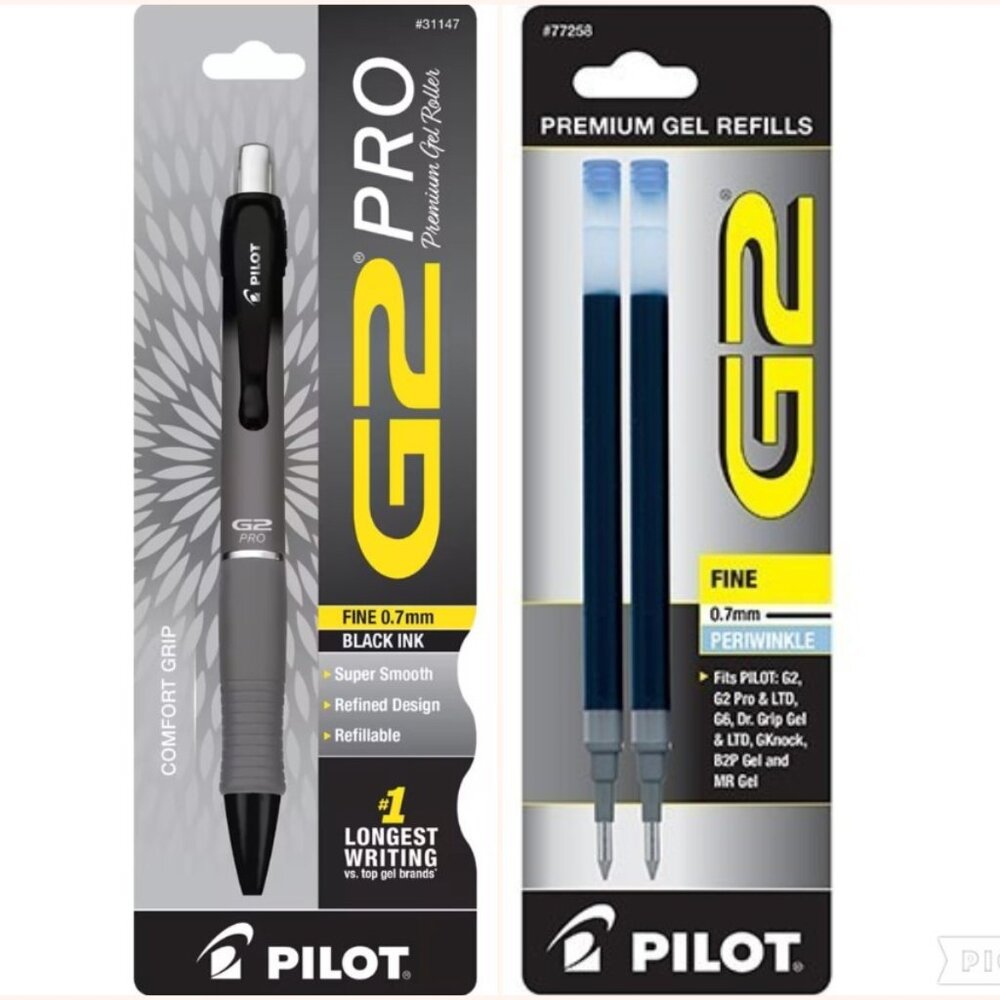 Pilot G2 Pro Gel Pen 0.7mm 1-Charcoal w/Periwinkle Ink Refills Office School